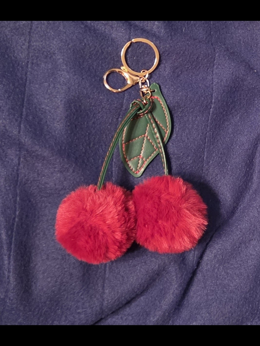 Fuzzy Cherry Pom Keychain with Green Leather Leaves
